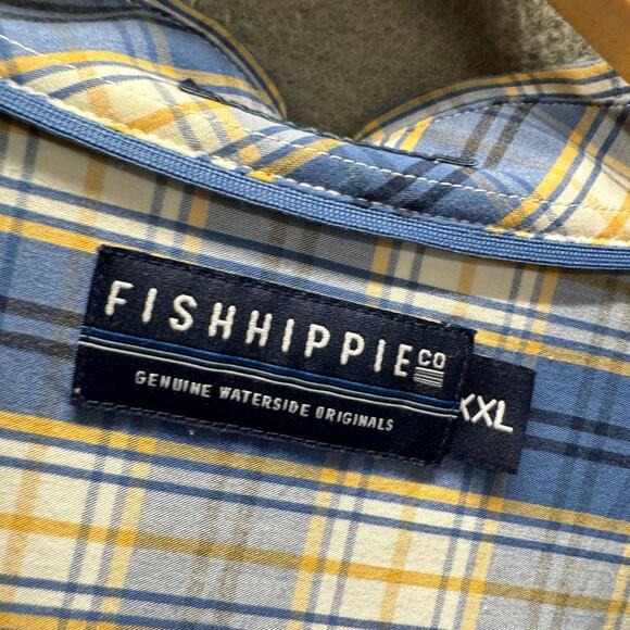 Fish Hippie Shirt Mens 2XL Blue Yellow Plaid Coastal Button Up PRIMLAND LOGO - Picture 2 of 11